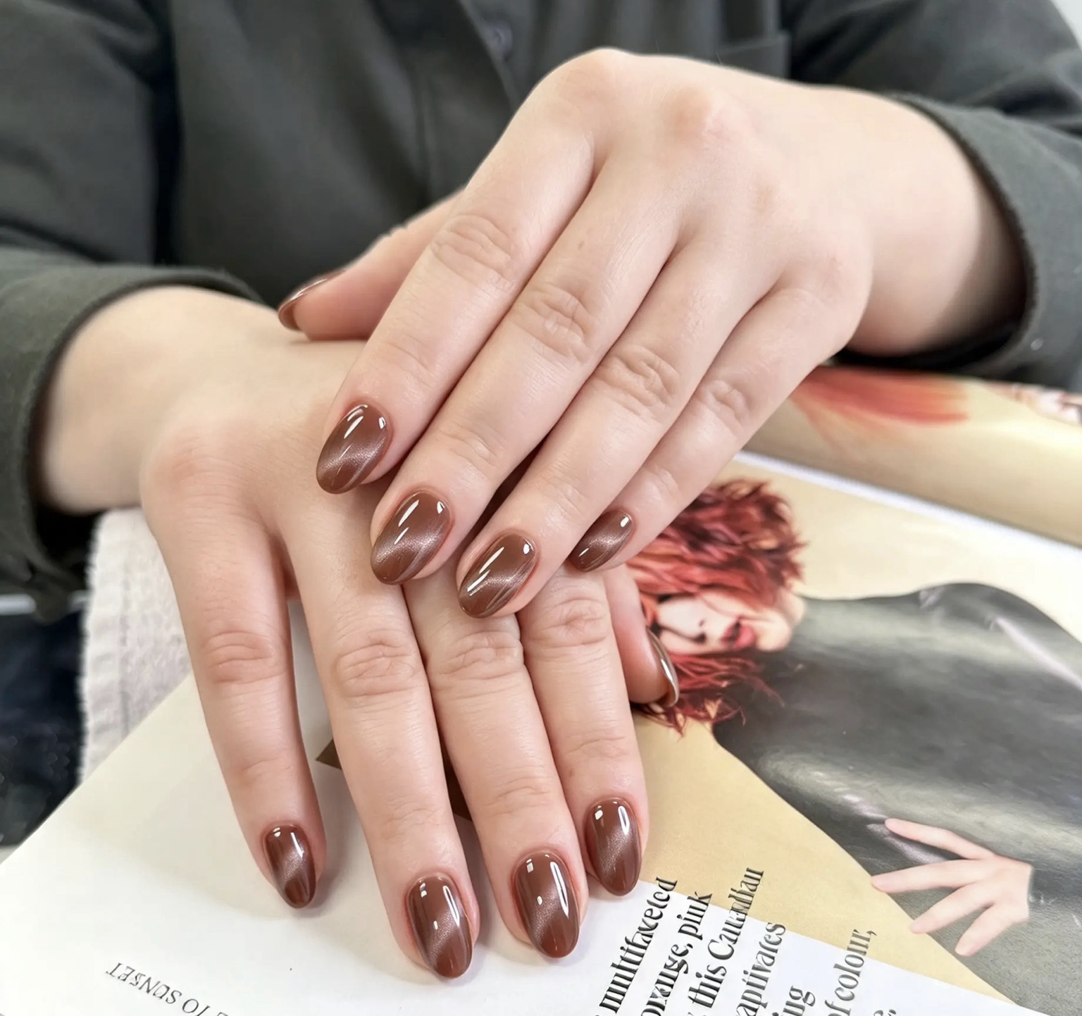 Glossy chocolate tones nail design at Marjan Lux Beauty